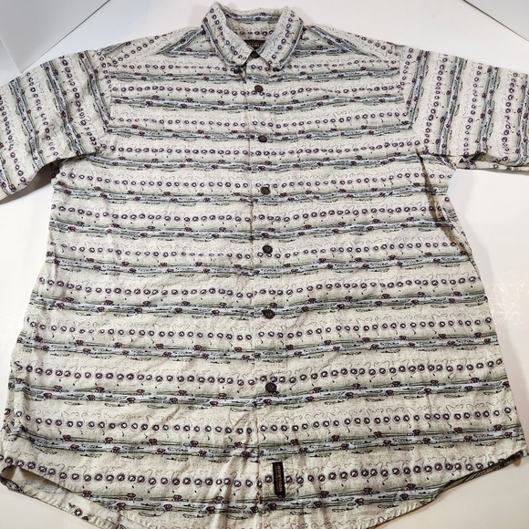 WOOLRICH Mens L Rod & Bouy Short Sleeve Button Down Camp Shirt Outdoor Fishing - Picture 2 of 8